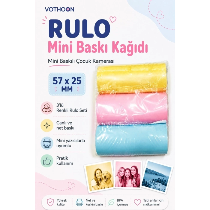 Çocuk Fotoğraf Makinesi Yedek Termal Baskı Kağıdı Renkli (3 Lü Rulo) – 57x25mm