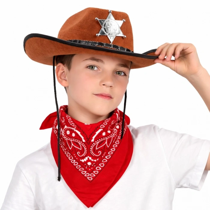 Çocuk Kovboy Şapka Rozetli Kahverengi  Kırmızı Bandana Seti
