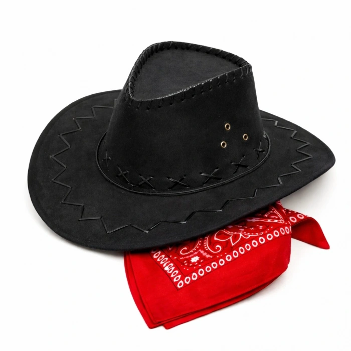 Çocuk Kovboy Şapka Siyah  Kırmızı Bandana Seti