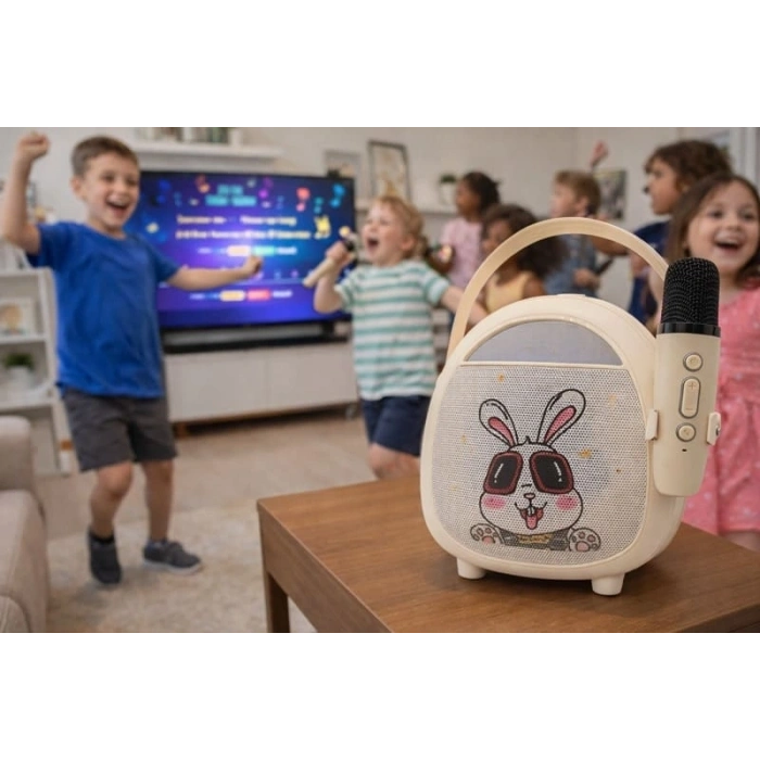 Çocuklara Özel Retro Tasarımlı Bluetooth Karaoke Mikrofon Ve Ahşap Tripodlu – Beyaz