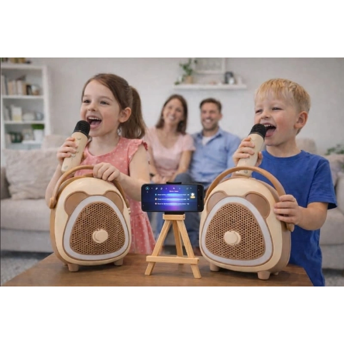Çocuklara Özel Retro Tasarımlı Bluetooth Karaoke Mikrofon Ve Ahşap Tripodlu – Kahverengi