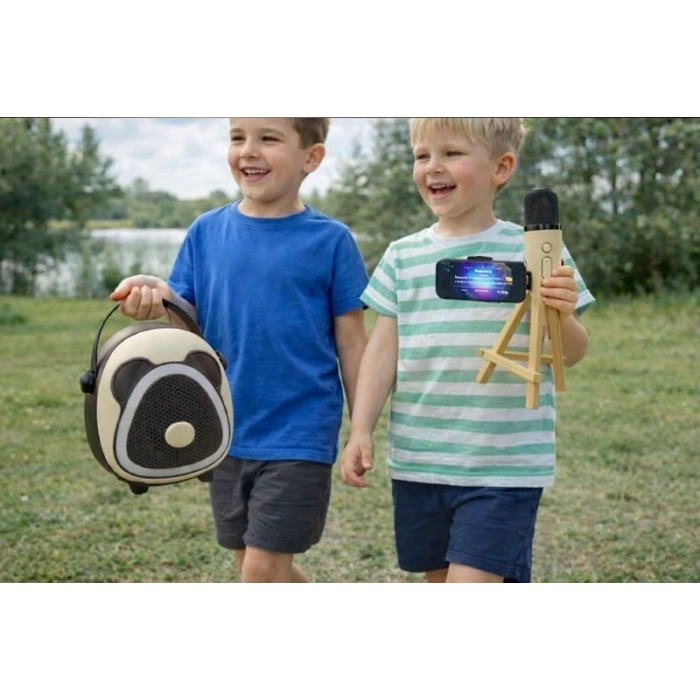 Çocuklara Özel Retro Tasarımlı Bluetooth Karaoke Mikrofon Ve Ahşap Tripodlu –koyu Kahverengi