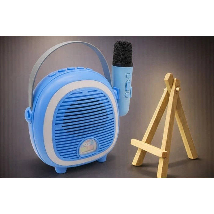 Çocuklara Özel Retro Tasarımlı Bluetooth Karaoke Mikrofon Ve Ahşap Tripodlu – Mavi