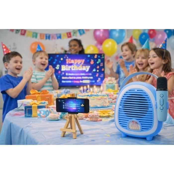Çocuklara Özel Retro Tasarımlı Bluetooth Karaoke Mikrofon Ve Ahşap Tripodlu – Mavi