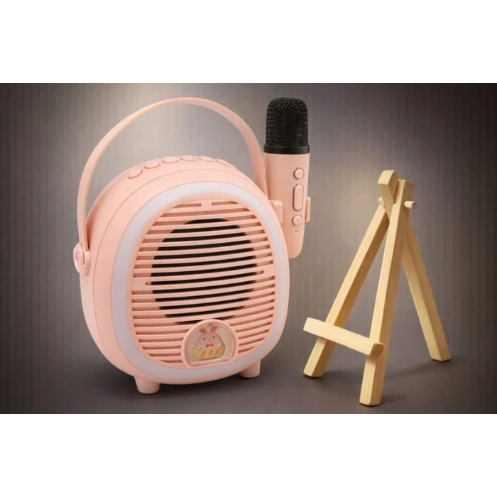Çocuklara Özel Retro Tasarımlı Bluetooth Karaoke Mikrofon Ve Ahşap Tripodlu – Pembe