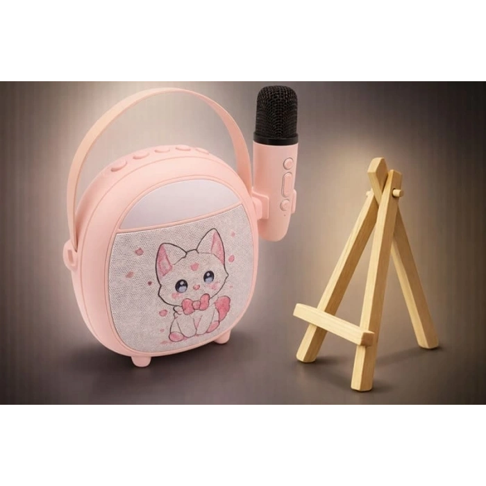 Çocuklara Özel Retro Tasarımlı Bluetooth Karaoke Mikrofon Ve Ahşap Tripodlu – Pembe