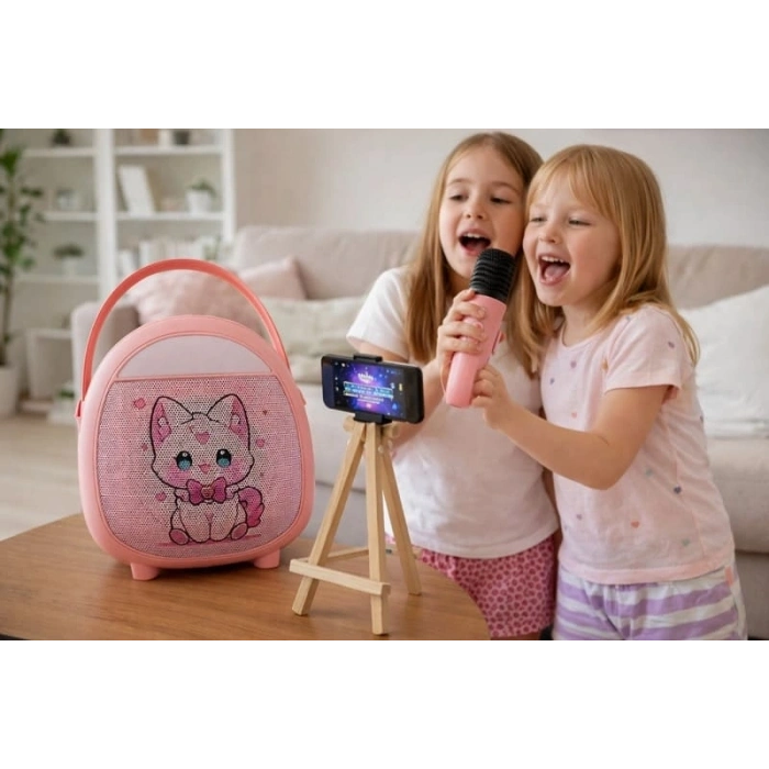 Çocuklara Özel Retro Tasarımlı Bluetooth Karaoke Mikrofon Ve Ahşap Tripodlu – Pembe