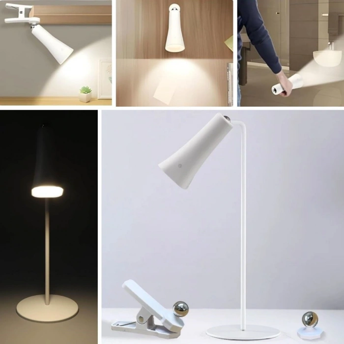 Çok Amaçlı Güçlü Manyetik Başlıklı 4’ü 1 Arada Portatif Beyaz LED Lamba Masaüstü, El Feneri, Duvara Asılabilir ve Mandallı Klipsli Işık