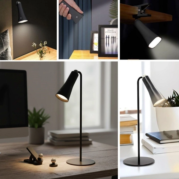 Çok Amaçlı Güçlü Manyetik Başlıklı 4’ü 1 Arada Portatif Siyah LED Lamba Masaüstü, El Feneri, Duvara Asılabilir ve Mandallı Klipsli Işık