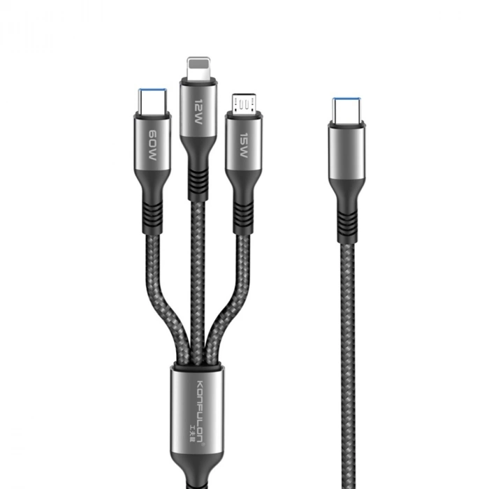 Dc62 3in1 Type-c To 60w Type-c / 12w Lightning / 15w Micro 1.2m Hızlı Şarj Kablo - Siyah
