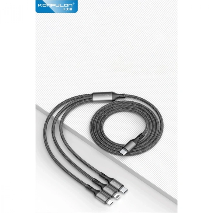 Dc62 3in1 Type-c To 60w Type-c / 12w Lightning / 15w Micro 1.2m Hızlı Şarj Kablo - Siyah