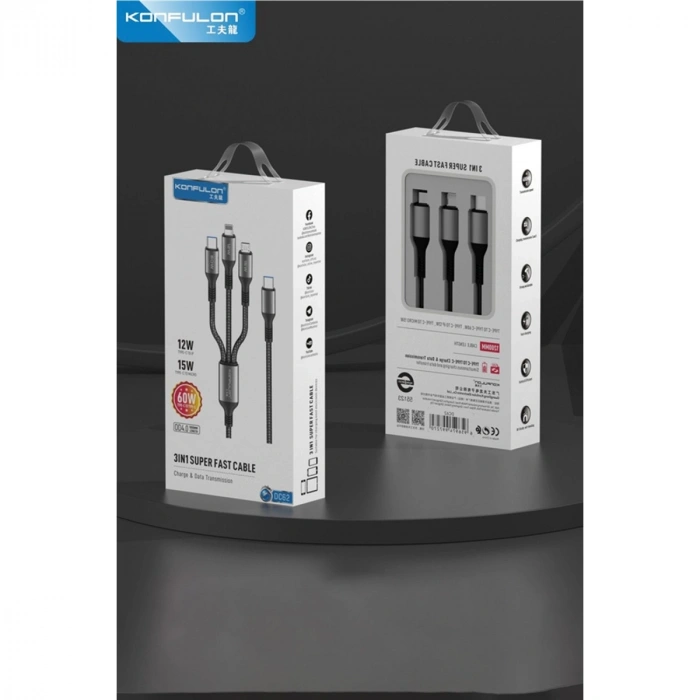Dc62 3in1 Type-c To 60w Type-c / 12w Lightning / 15w Micro 1.2m Hızlı Şarj Kablo - Siyah