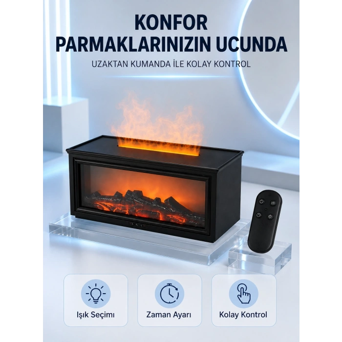 Dekoratif Şömine Görünümlü Nemlendirici Uzaktan Kumandalı Renkli Led Işıklı Difüzör
