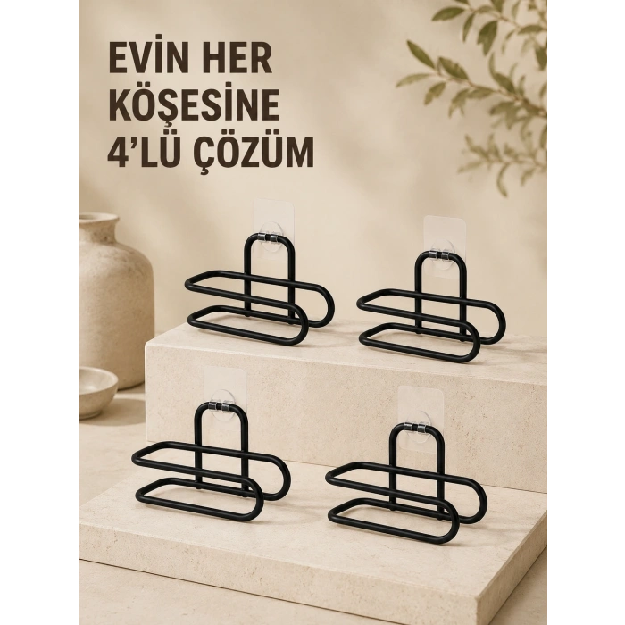 Delmeden Monte Tuvalet Kağıdı Askısı Siyah Metal Yapışkanlı Banyo Kağıtlığı 4’lü Set