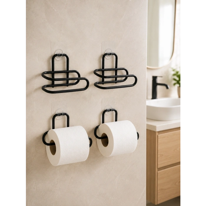 Delmeden Monte Tuvalet Kağıdı Askısı Siyah Metal Yapışkanlı Banyo Kağıtlığı 4’lü Set