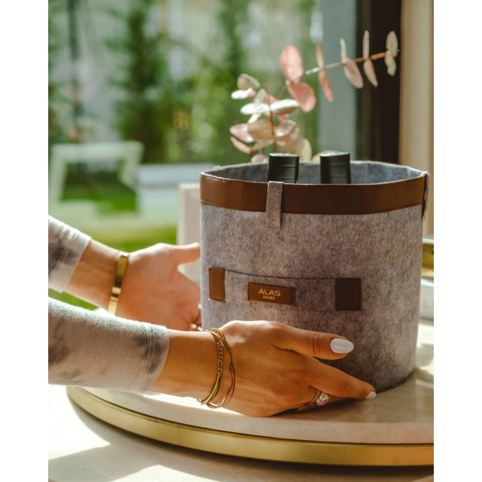 Deri Şeritli Yuvarlak Çok Amaçlı Düzenleyici Organizer Kutu Keçe Sepet (maxi) 03815