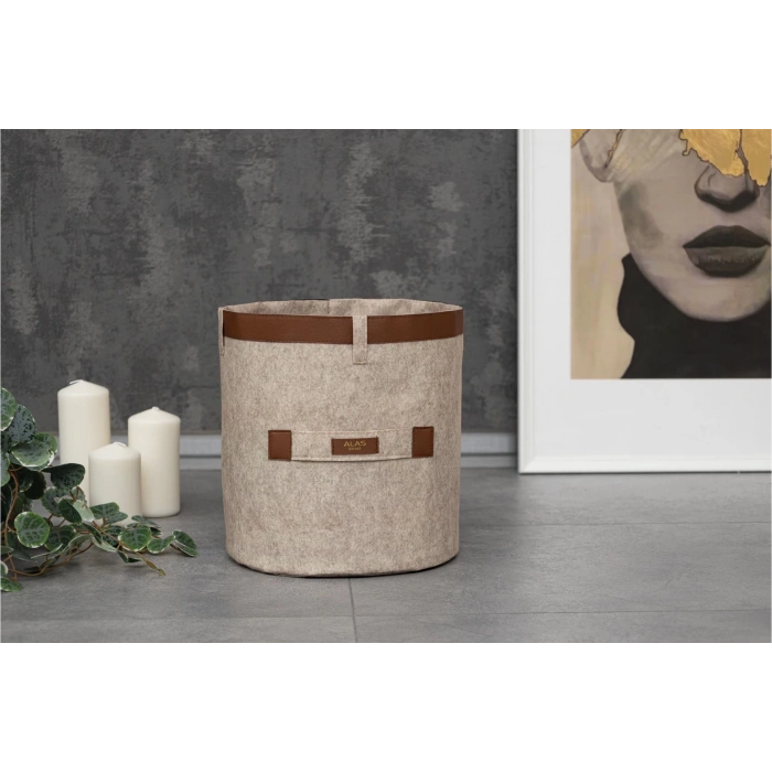 Deri Şeritli Yuvarlak Çok Amaçlı Düzenleyici Organizer Kutu Keçe Sepet (maxi) 03815