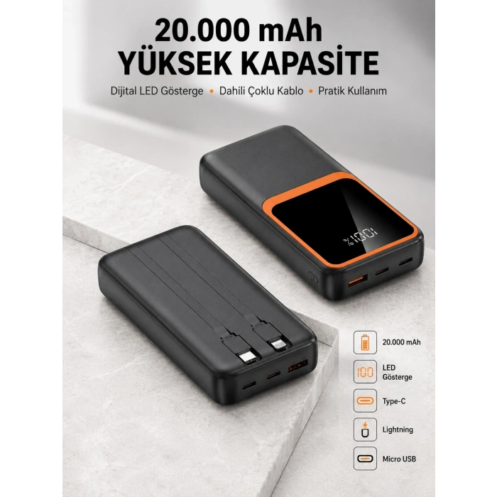 Dijital Ekranlı 20.000 Mah Powerbank | 22.5w Hızlı Şarj + Çoklu Bağlantı Seçeneği Yeni Nesil