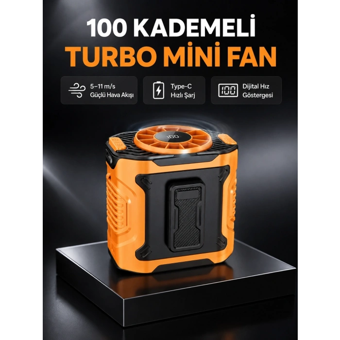 Dijital Ekranlı Turbo Mini Fan – 3 Kademeli Hız, Sessiz Çalışma Ve Type-c Şarj
