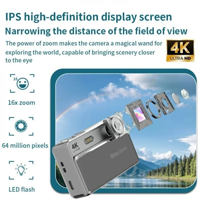 Dijital Kamera 4k Hd 48mp 16x Zoom Flaşlı Kayar Retro Video Kamera 2.8’’ Ekran 64gb Sd Kart Hediyeli Gümüş