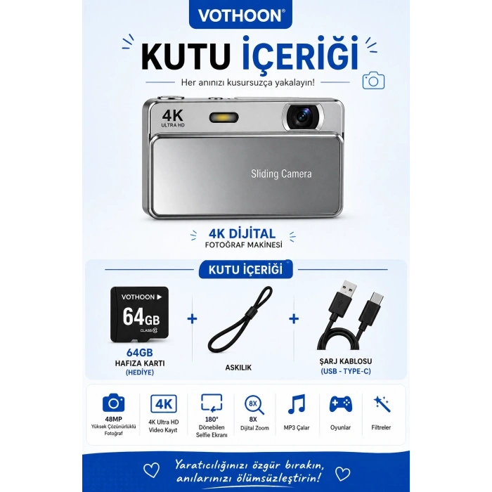 Dijital Kamera 4k Hd 48mp 16x Zoom Flaşlı Kayar Retro Video Kamera 2.8’’ Ekran 64gb Sd Kart Hediyeli Gümüş