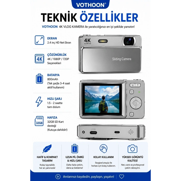 Dijital Kamera 4k Hd 48mp 16x Zoom Flaşlı Kayar Retro Video Kamera 2.8’’ Ekran 64gb Sd Kart Hediyeli Gümüş