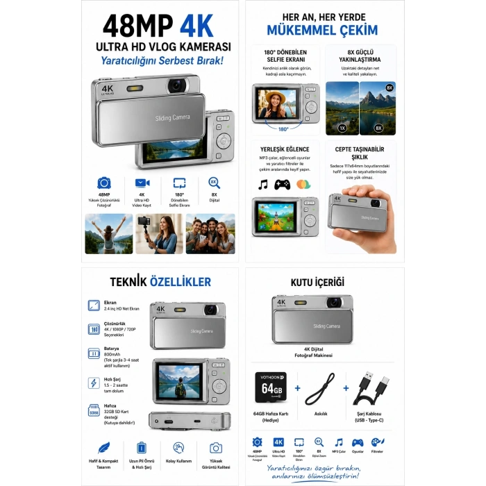 Dijital Kamera 4k Hd 48mp 16x Zoom Flaşlı Kayar Retro Video Kamera 2.8’’ Ekran 64gb Sd Kart Hediyeli Gümüş