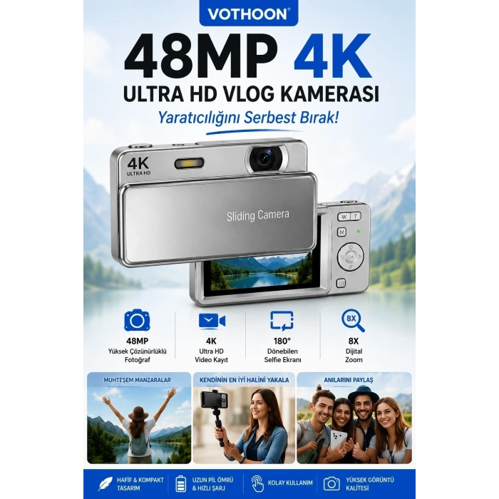 Dijital Kamera 4k Hd 48mp 16x Zoom Flaşlı Kayar Retro Video Kamera 2.8’’ Ekran 64gb Sd Kart Hediyeli Gümüş
