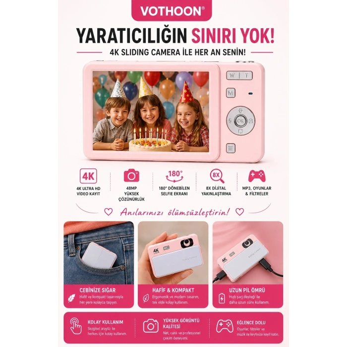 Dijital Kamera 4k Hd 48mp 16x Zoom Flaşlı Kayar Retro Video Kamera 2.8’’ Ekran 64gb Sd Kart Hediyeli Pembe