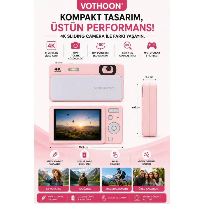 Dijital Kamera 4k Hd 48mp 16x Zoom Flaşlı Kayar Retro Video Kamera 2.8’’ Ekran 64gb Sd Kart Hediyeli Pembe