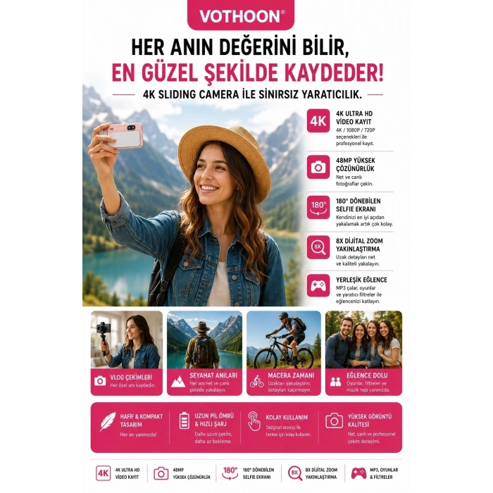 Dijital Kamera 4k Hd 48mp 16x Zoom Flaşlı Kayar Retro Video Kamera 2.8’’ Ekran 64gb Sd Kart Hediyeli Pembe