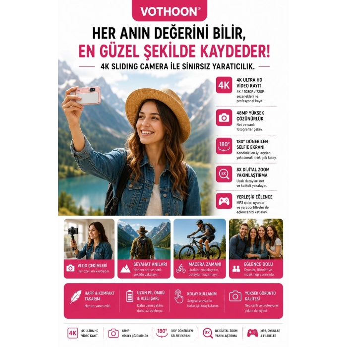 Dijital Kamera 4k Hd 48mp 16x Zoom Flaşlı Kayar Retro Video Kamera 2.8’’ Ekran 64gb Sd Kart Hediyeli Pembe