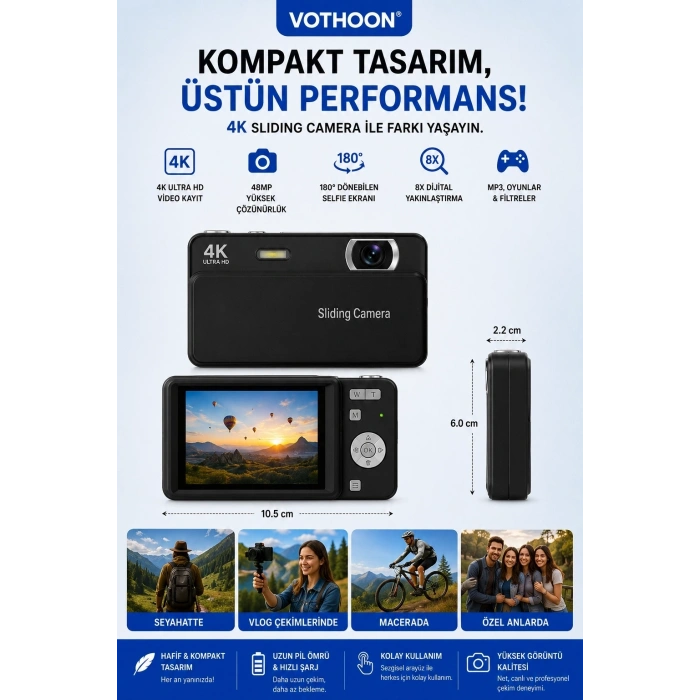 Dijital Kamera 4k Hd 48mp 16x Zoom Flaşlı Kayar Retro Video Kamera 2.8’’ Ekran 64gb Sd Kart Hediyeli Siyah