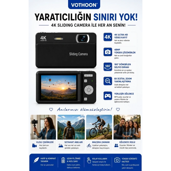 Dijital Kamera 4k Hd 48mp 16x Zoom Flaşlı Kayar Retro Video Kamera 2.8’’ Ekran 64gb Sd Kart Hediyeli Siyah