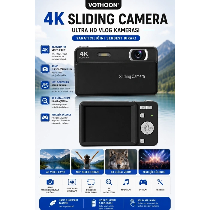Dijital Kamera 4k Hd 48mp 16x Zoom Flaşlı Kayar Retro Video Kamera 2.8’’ Ekran 64gb Sd Kart Hediyeli Siyah