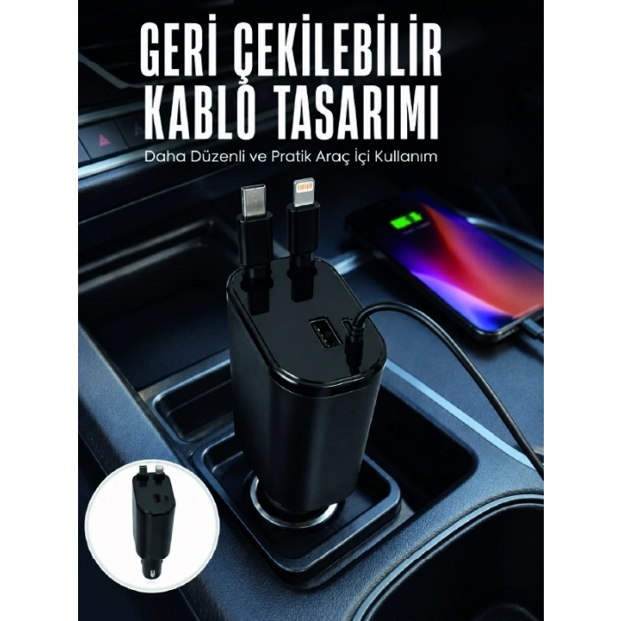 Dijital Voltaj Göstergeli Araç Şarj Cihazı Geri Çekilebilir Kablolu 4 Portlu Hızlı Şarj Adaptörü