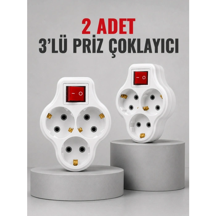 Direkt Duvar Prizine Takılan 3’lü Priz Adaptörü Anahtarlı Priz Çoklayıcı 2 Adet