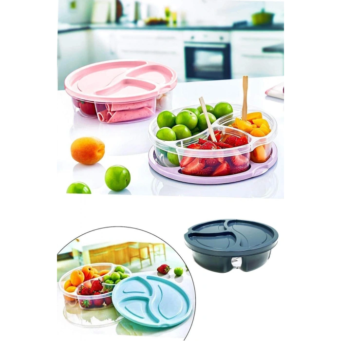 Diyet Saklama Kabı 3 Bölmeli Pratik Yuvarlak Beslenme Kahvaltı Kabı Koyu Gri (599)