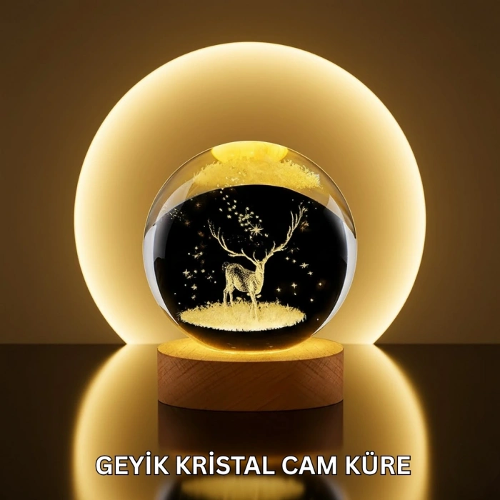 Doğal Ahşap Standlı Geyik Figürlü Kristal Küre Led Dekoratif Lamba