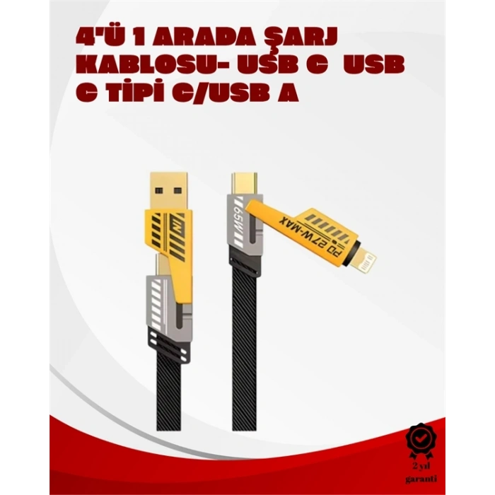 Dönüştürülebilir 4 Başlıklı Hızlı Şarj Kablosu – 1.2m, 65w, Dayanıklı Ve Esnek Tasarım
