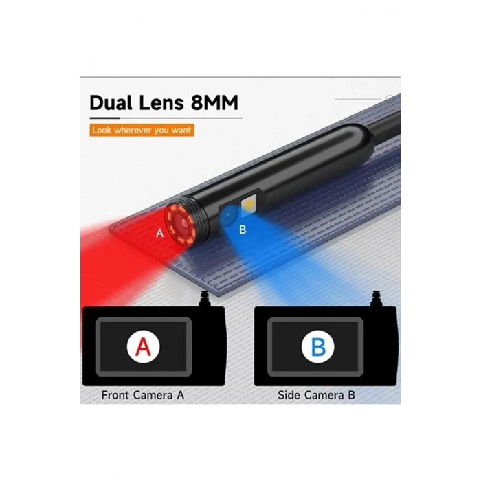 Ekranlı Üç Kameralı Çantalı 10 Metre Sert Kablo Yılan Endoskop Kamera  Sd Kart Girişli 8 Mm 4.3 Inc