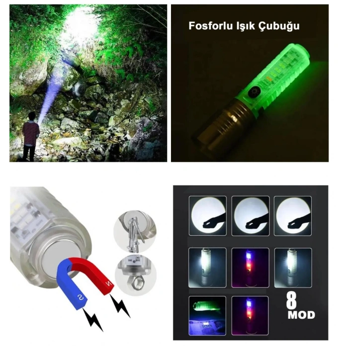 El Feneri 8 Mod Şarjlı Fosforlu Mıknatıslı Led El Feneri (599)