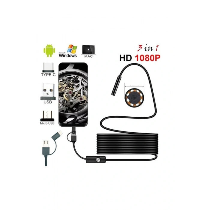 Endoskop 3 İn 1 Yılan Kamera Usb Micro Usb Type-c 20 Metre Sert Kablo