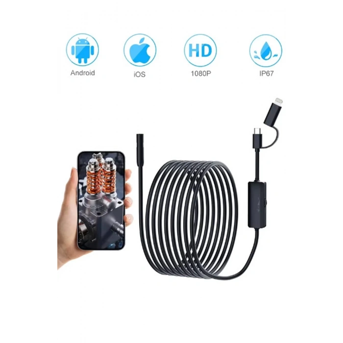 Endoskop Yılan Video Kamera Ios Ve Android Uyumlu Led’li 10 Metre 8 Mm Sert Kablo 2mp