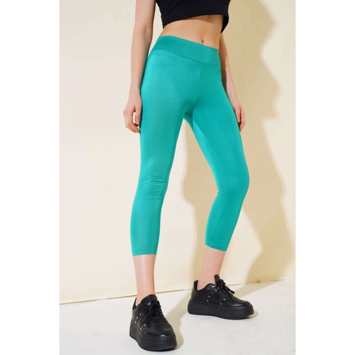 Esnek Yüksek Bel Yeşil Uzun Parlak Disco Tayt