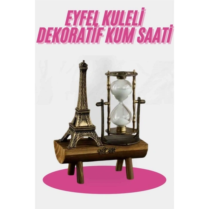 Eyfel Kulesi Tasarımlı Kum Saati Kristalleştirilmiş Kum Saati Dekoratif Ahşap Görünümlü