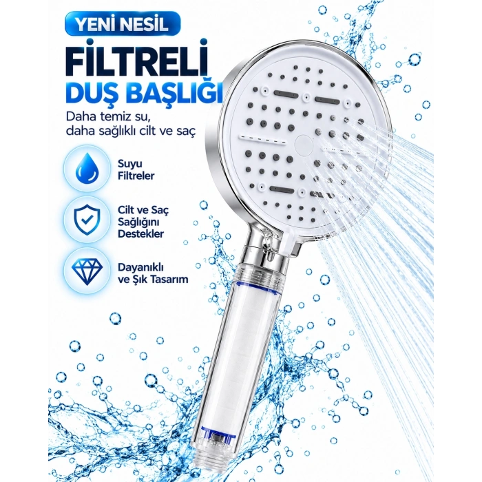 Filtreli 6 Sprey Modlu Duş Başlığı Büyük Panel Beyaz Çok Fonksiyonlu