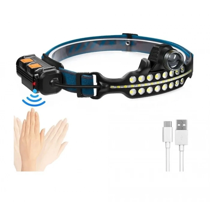 Fithome W690 7 Aydınlatma Modlu Xpe Cob  Led Sensörlü Dahili Pilli Usb Şarj Edilebilir Kafa Feneri