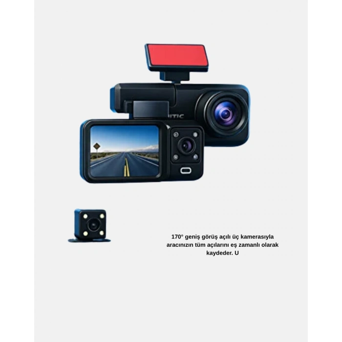 Full Hd Üç Kameralı Araç Kamerası G-sensörlü Ve Gece Görüşlü