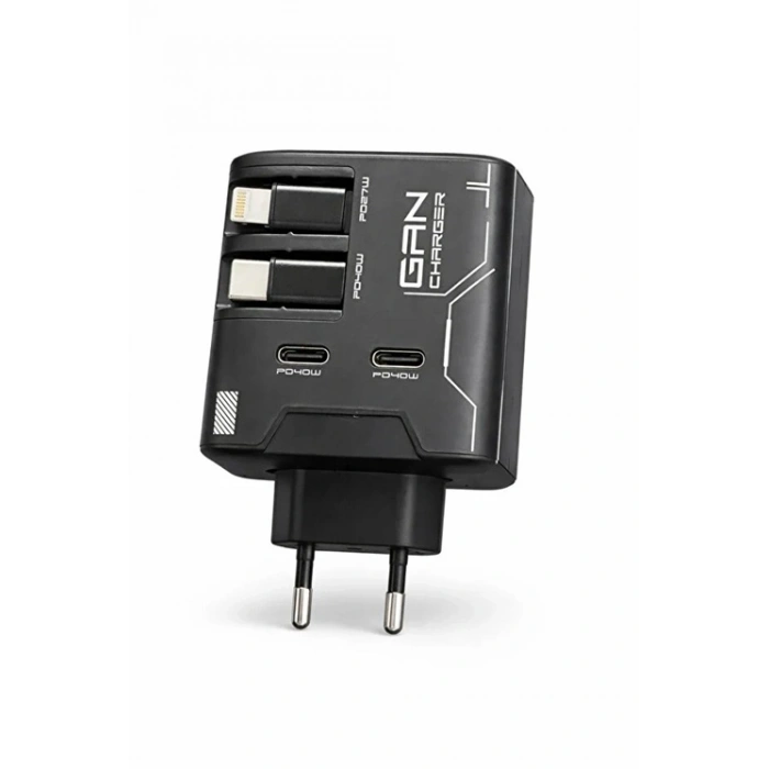 Gan+ Pd 40w Hızlı Şarj Adaptörü Çoklu Çıkış Usb-c Lightning Kablolu Hızlı Şarj Cihazı Ev Ofis Uyumlu Siyah